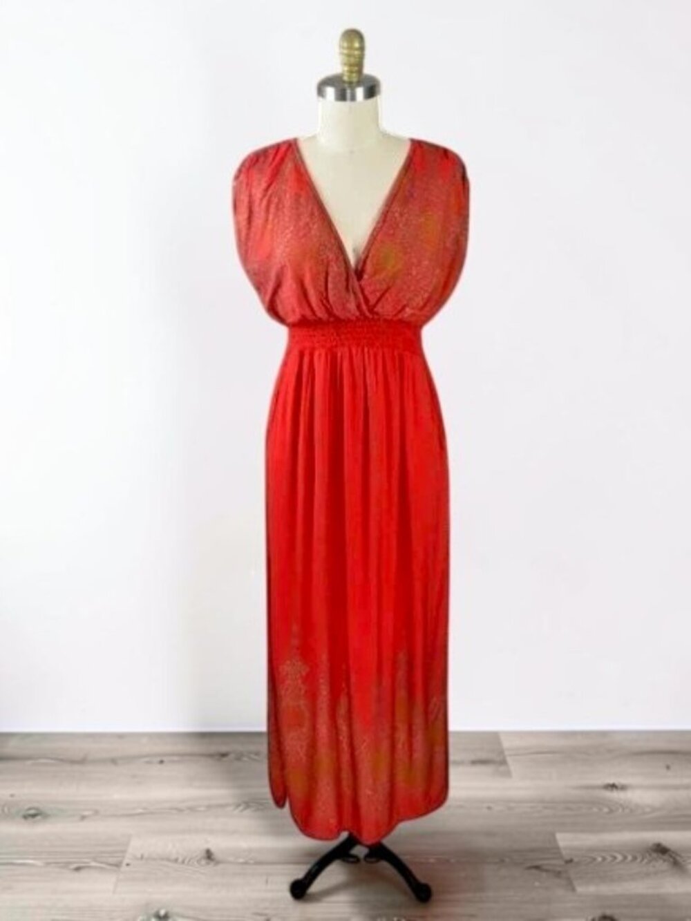 LAPOGEE TRIBAL PRINT RED GOLD BOHEMIAN V-NECK MAXI DRESS - Picture 3 of 9